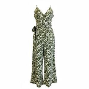 Olive Green Floral Wrap Jumpsuit with Tie Waist